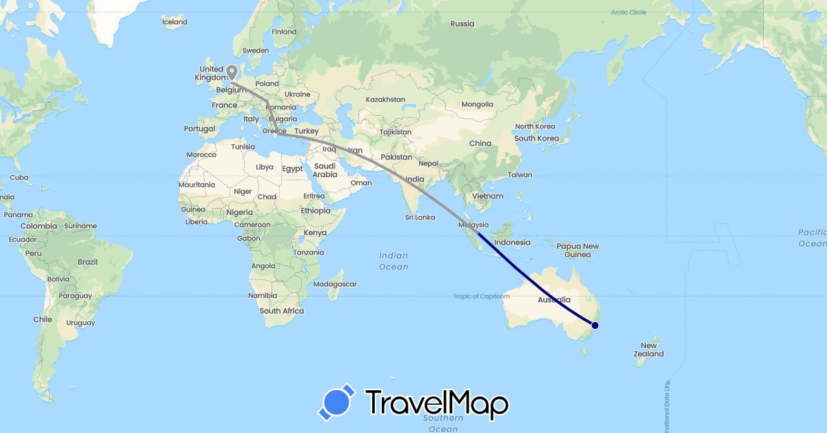 TravelMap itinerary: driving, plane in Australia, Greece, Hungary, Netherlands, Singapore (Asia, Europe, Oceania)